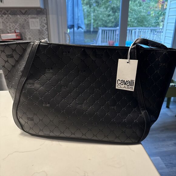 Cavalli Class Sandra Shopper Tote Bag Black Debossed Designer Handbag NWT - Picture 5 of 8